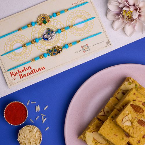 Kundan Peacock Rakhi Trio with Festive Soan Papdi